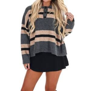 NEW EN MERCI winter wander rugby stripe sweater in charcoal taupe